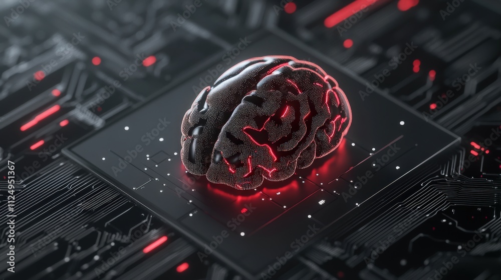 Poster Abstract representation of a human brain with neural connections on a digital circuit board, exploring the intersection of technology and cognitive function in modern design