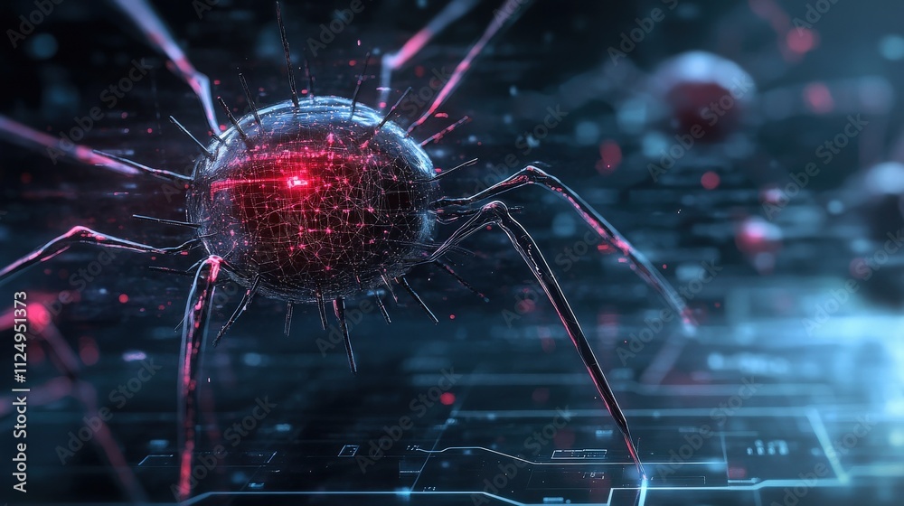 Poster High-Resolution Digital Rendering of a Futuristic Virus or Malware Representing Cybersecurity Threats in a Technological Environment with Glowing Elements