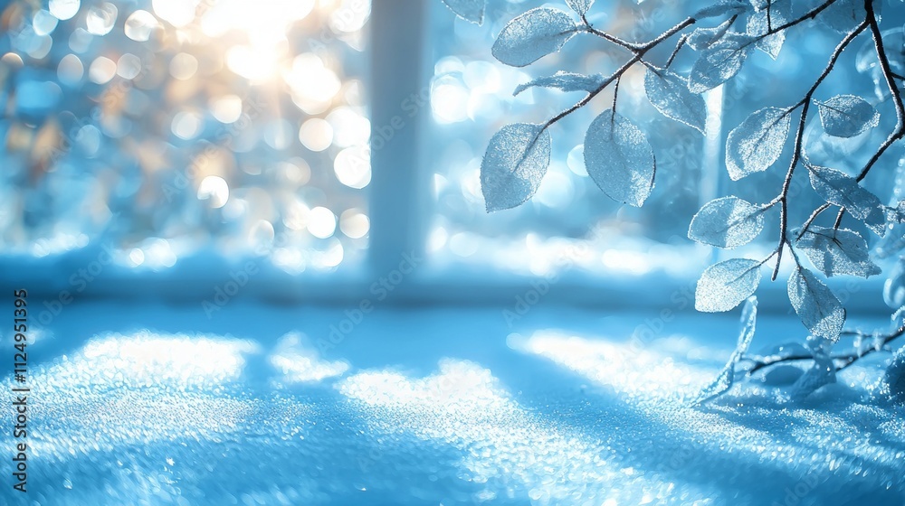 Poster soft blue hues blend harmoniously with gentle sunlight filtering through, illuminating intricate lea