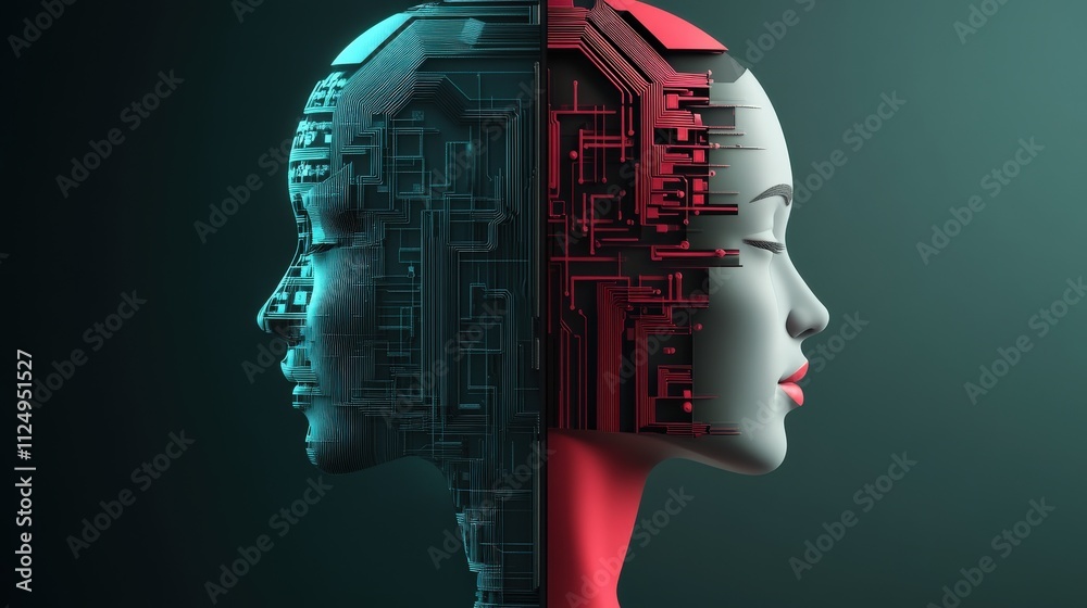 Poster Abstract Representation of Human and Machine Interaction Showcasing Contrasting Profiles with Digital and Organic Elements in a Futuristic Design