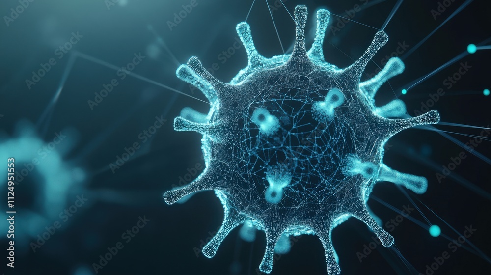 Poster Close-up of a Digital Representation of a Microorganism with Detailed Structure and Vibrant Coloration in a Scientific Background Concept for Healthcare and Research