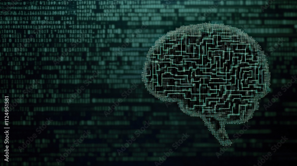 Aufkleber Digital Brain Illustration Representing Artificial Intelligence and Data Processing in a Technological Environment with Binary Code Background