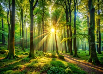 Obraz premium Captivating Sunlight Filtering Through Trees in a Serene Forest Landscape, Highlighting the Beauty of Nature and the Tranquility of Lichteinfall im Wald, Perfect for Nature Lovers