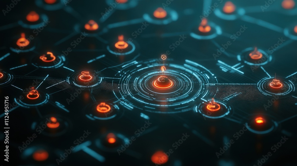 Aufkleber Futuristic Digital Network with Glowing Nodes and Circuits Representing Technology and Connectivity in a Dark Background