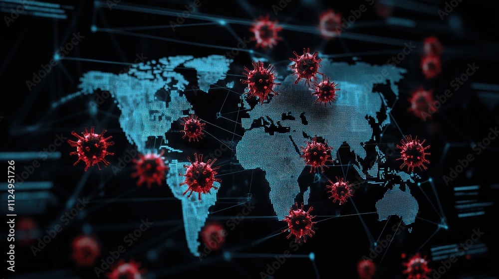 Poster global health crisis concept with digital world map and red virus particles representing spread of i