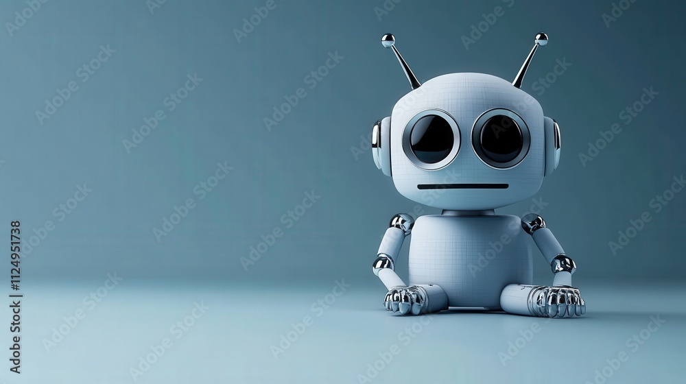 Poster cute and futuristic robot sitting on a soft surface, featuring large round eyes, antenna, and a frie