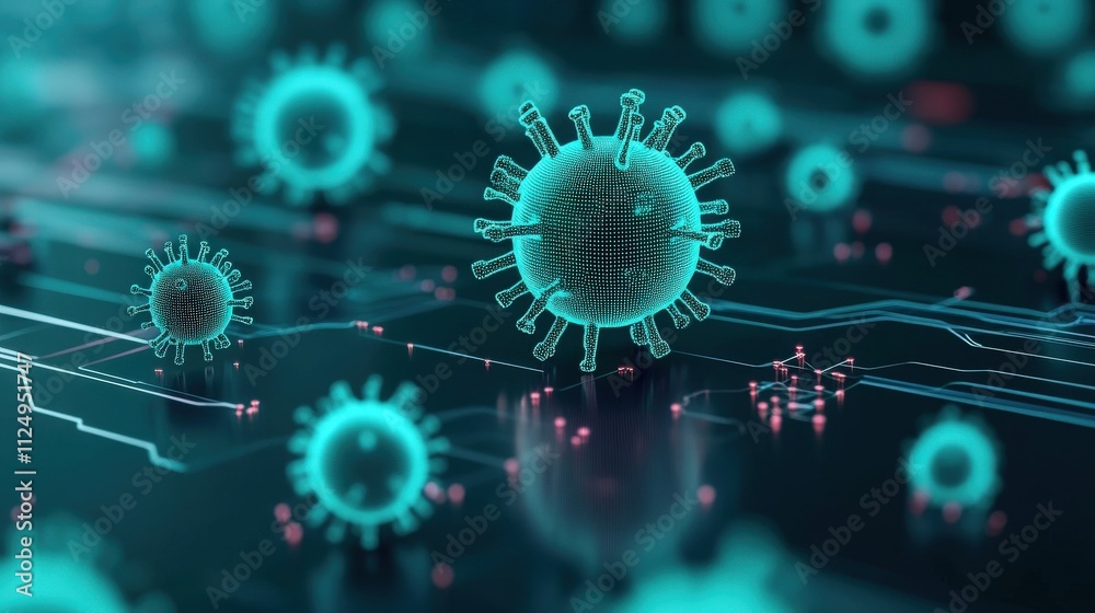 Poster futuristic representation of virus particles with network connection in blue and green hues for scie