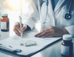 Medicines, bottles and prescriptions on the doctor desk in the clinic. 