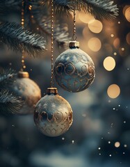 Beautiful golden ornamental baubles hanging on green Christmas tree.