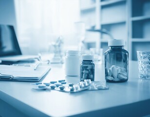 Medicines, bottles and prescriptions on the doctor desk in the clinic. 