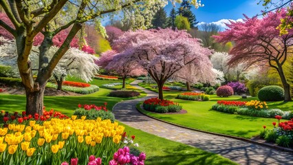 Colorful spring garden with blooming tulip flowers and cherry blossom trees
