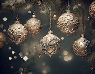 Beautiful golden ornamental baubles hanging on green Christmas tree.