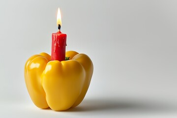 yellow bell pepper with red lit birthday candle on white background minimal creative food...