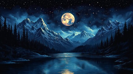 Majestic moonlit mountain range reflected in a tranquil lake at night, surrounded by dark forest.