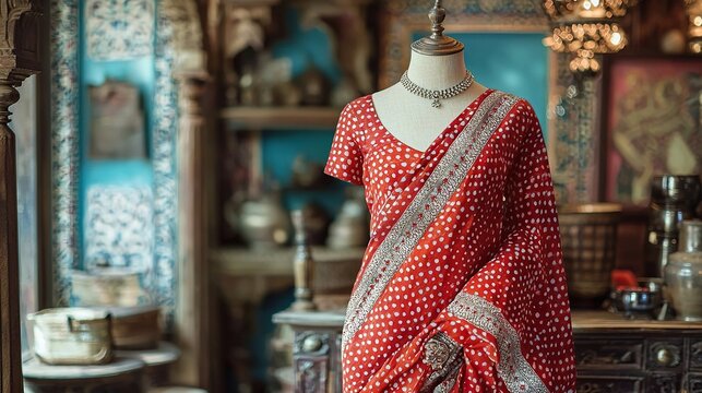 traditional gujarati bandhani saree on mannequin indian clothes