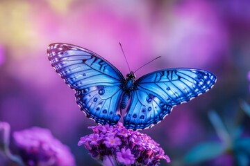Obraz premium A stunning blue butterfly gracefully perched on vibrant flowers. The image captures the beauty of nature and the intricate details of this enchanting creature. Generative AI.