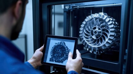 Additive manufacturing section: advanced 3D printers building complex parts layer by layer, overseen by a technician via a tablet interface