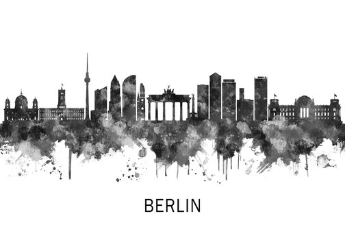 Berlin Germany Skyline BW, travel art illustration urban modern downtown landmarks skyscrapers artwork abstract architecture digital office home decor