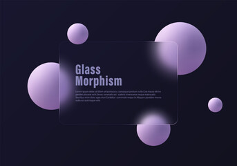 Glass morphism design with frosted glass and floating blue spheres spheres on a dark background.