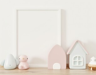 White frame mockup with cute pastel toys on wooden shelf against white wall
