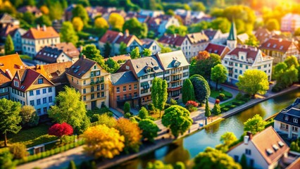 Naklejka premium Captivating Tilt-Shift Photography Featuring a Dynamic Mesh Warp Transition Effect in a Colorful Urban Landscape