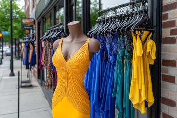 A vibrant image of a sundress displayed on a mannequin in a boutique window, with colorful scarves and accessories complementing the look