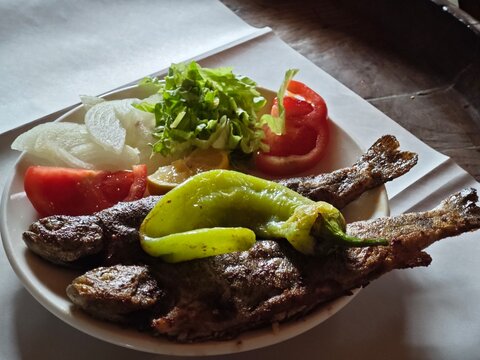 A plate of traditional Turkish seafood dish, Izgara Balık or grilled fish, served with Turkish green chili (sivri biber), sliced tomatoes, sliced onions, and lettuce leaves