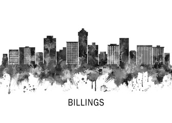 Fototapeta premium Billings Skyline BW, travel art illustration urban modern downtown landmarks skyscrapers artwork abstract architecture digital office home decor
