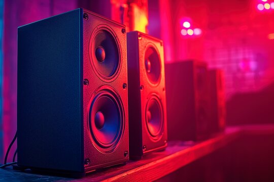 Row of speakers in a vibrant nightclub setting with copy space for text, dj banner advertising, live music advertisement - Powered by Adobe