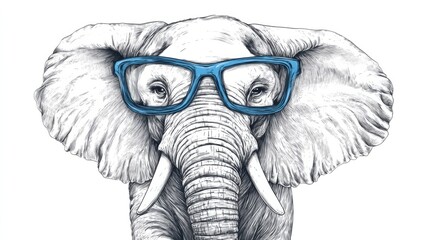 Elephant in a black and white illustration with big blue glasses, generative ai