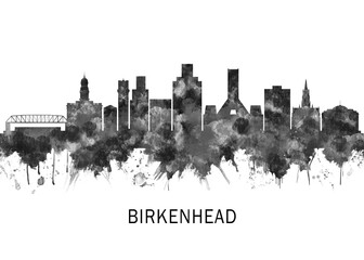 Obraz premium Birkenhead England Skyline BW, travel art illustration urban modern downtown landmarks skyscrapers artwork abstract architecture digital office home decor