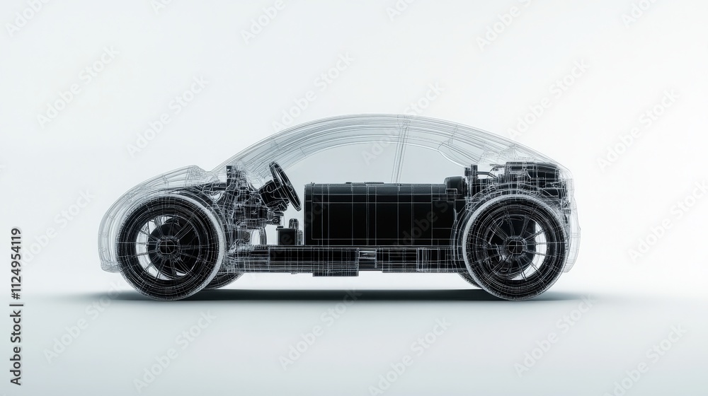 Poster detailed wireframe model of an electric car showcasing internal components and modern automotive tec