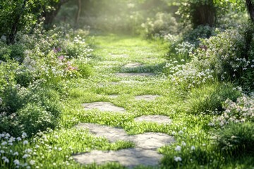 Obraz premium A serene pathway through a lush garden filled with vibrant flowers and greenery.