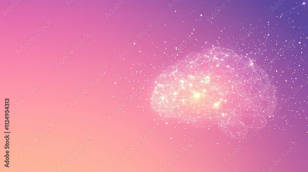 Poster A bright brain design made of interconnected light points and lines set against a gradient background, offering space for text inclusion. Generative AI