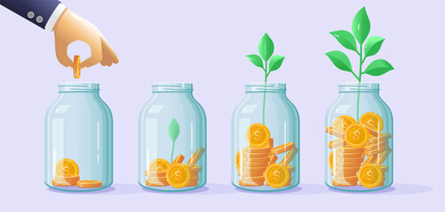 Glass jar for money. Investment vector concept