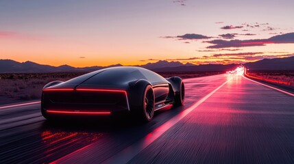 Naklejka premium Futuristic Car on a Desert Highway at Dusk with Neon Lights and Vibrant Clouds in the Background