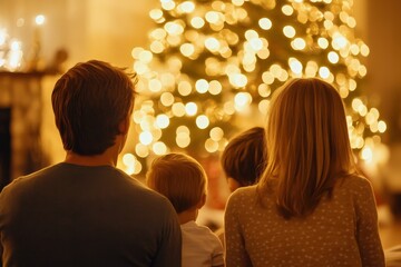 Family enjoys cozy evening by the Christmas tree, celebrating the holiday season together with warm lights and love