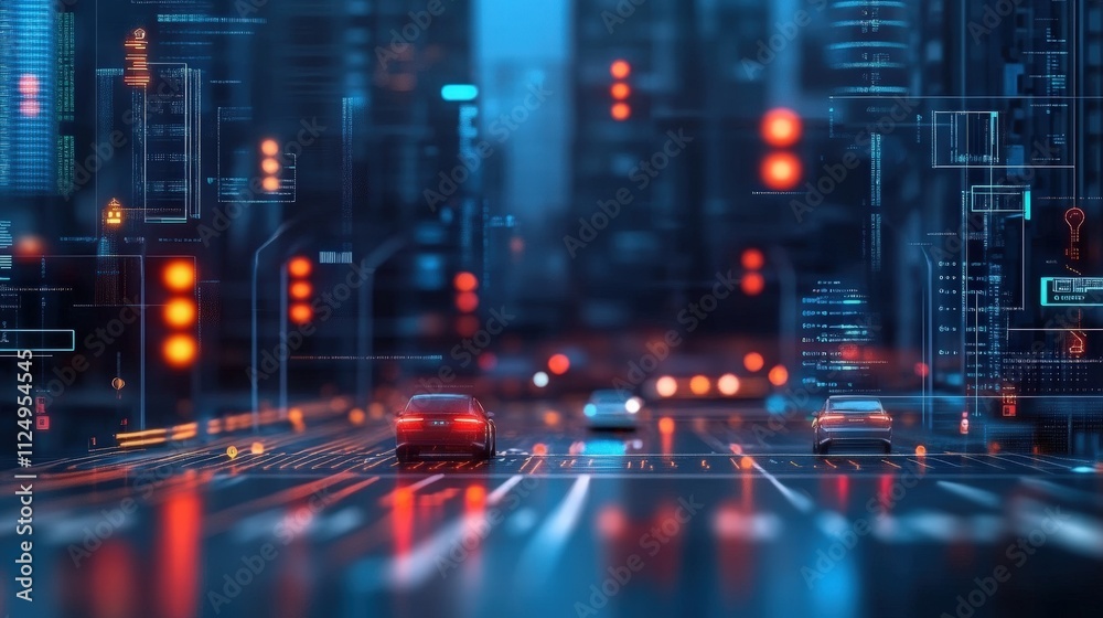 Poster futuristic city intersection at night with light trails and traffic signals in digital style reflect