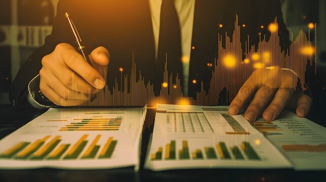 of a man analyzing financial reports, integrated with an image of profit graphs and investment strategies. | [men's]:[entrepreneurship] 