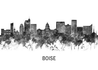 Obraz premium Boise Idaho Skyline BW, travel art illustration urban modern downtown landmarks skyscrapers artwork abstract architecture digital office home decor