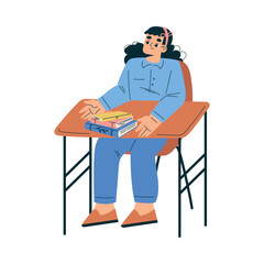 Girl Schoolkid Character in School Sit at Desk Have Lesson Vector Illustration