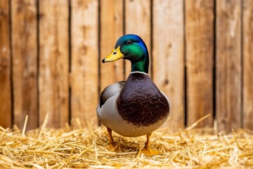 Obraz premium A white duck walking gracefully across a farmyard, surrounded by straw and rustic wooden fences