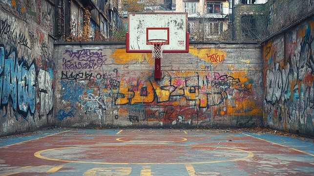 Basketball hoop with graffiti on wall, street style vintage court and net, urban grunge backboard for outdoor play, weathered sports game equipment. - Powered by Adobe