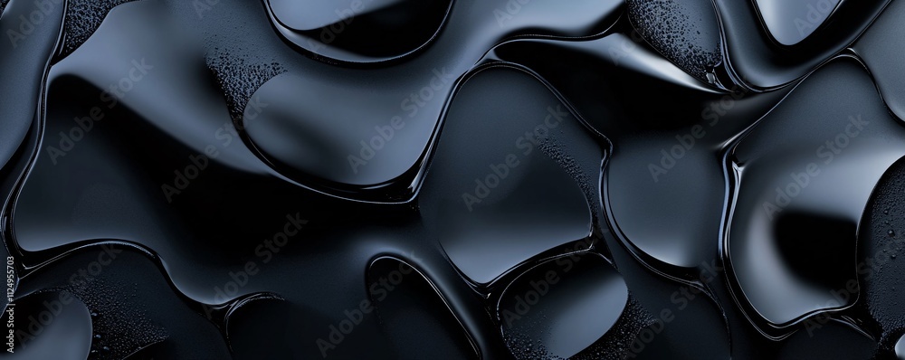 Poster Dark and shiny abstract background with smooth curves and tiny droplets
