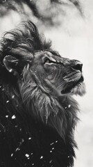 Majestic Lion in Winter Wonderland: A Black and White Portrait