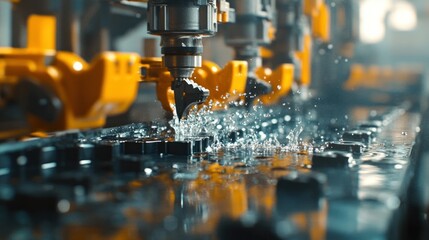 Automated injection molding line producing plastic components, molten plastic injected into molds, cooling and ejection cycles visible
