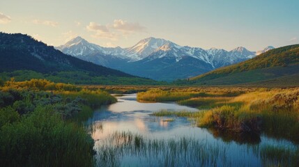 Obraz premium A young and beautiful woman radiates joy as she embraces the beauty of nature. Surrounded by majestic mountains and a tranquil river at sunset, she engages with the vibrant surroundings