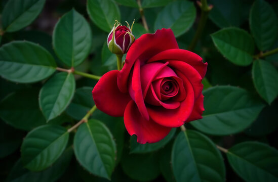 Bush large red roses, blooming flower outside in garden, close-up. AI Generative