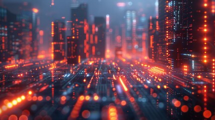 Abstract cityscape at night portrays a futuristic metropolis with unique architectural buildings and advanced technology. Digital elements like binary codes and light trails 