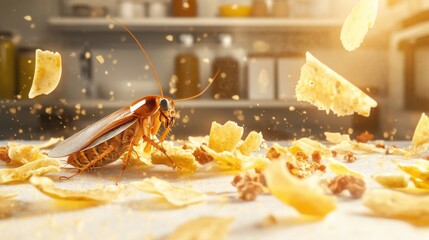 Cockroach on Kitchen Counter with Crumbs and Light Effects